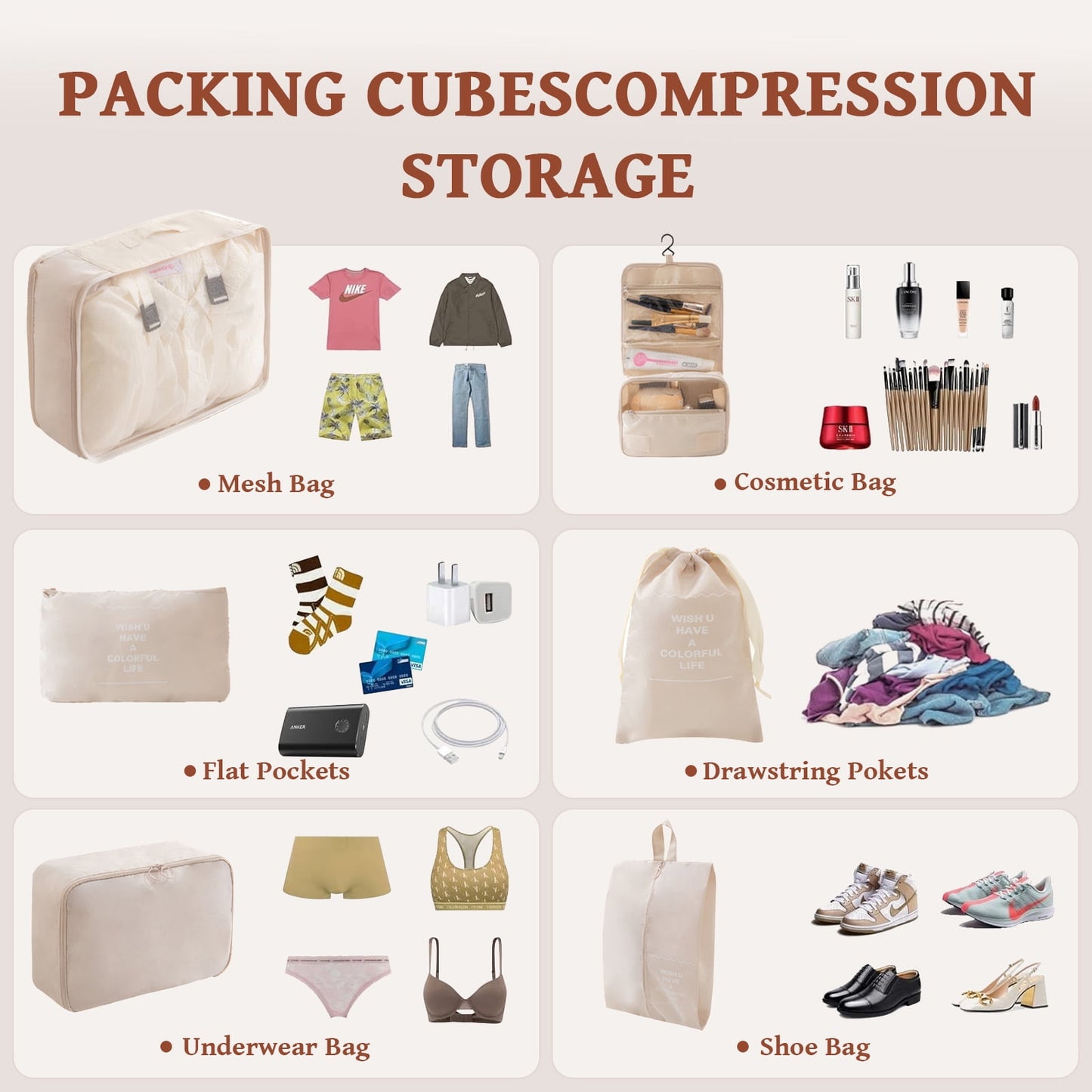 Packing Cubes - Travel Pouch Set, Compression Bags For Travel, Suitcase Essentials Organizer Bags Set