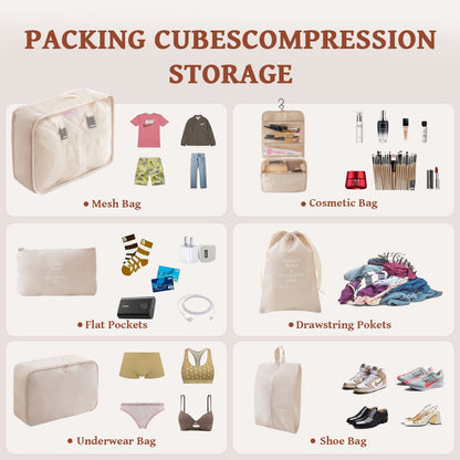 Packing Cubes - 9 PCS Travel Pouch Set, Compression Bags For Travel, Suitcase Essentials Organizer Bags Set, Beige