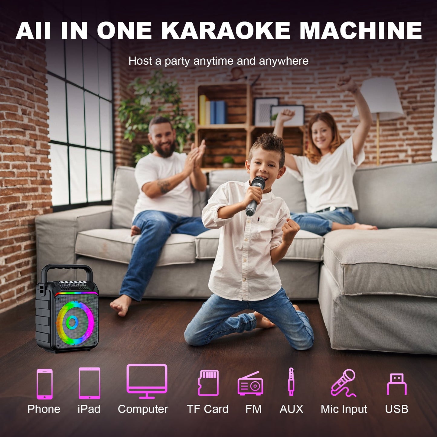 Karaoke Machine - Portable Wireless Bluetooth Speaker, for Party, Meeting with 2 Wireless Microphones for Adults Kids