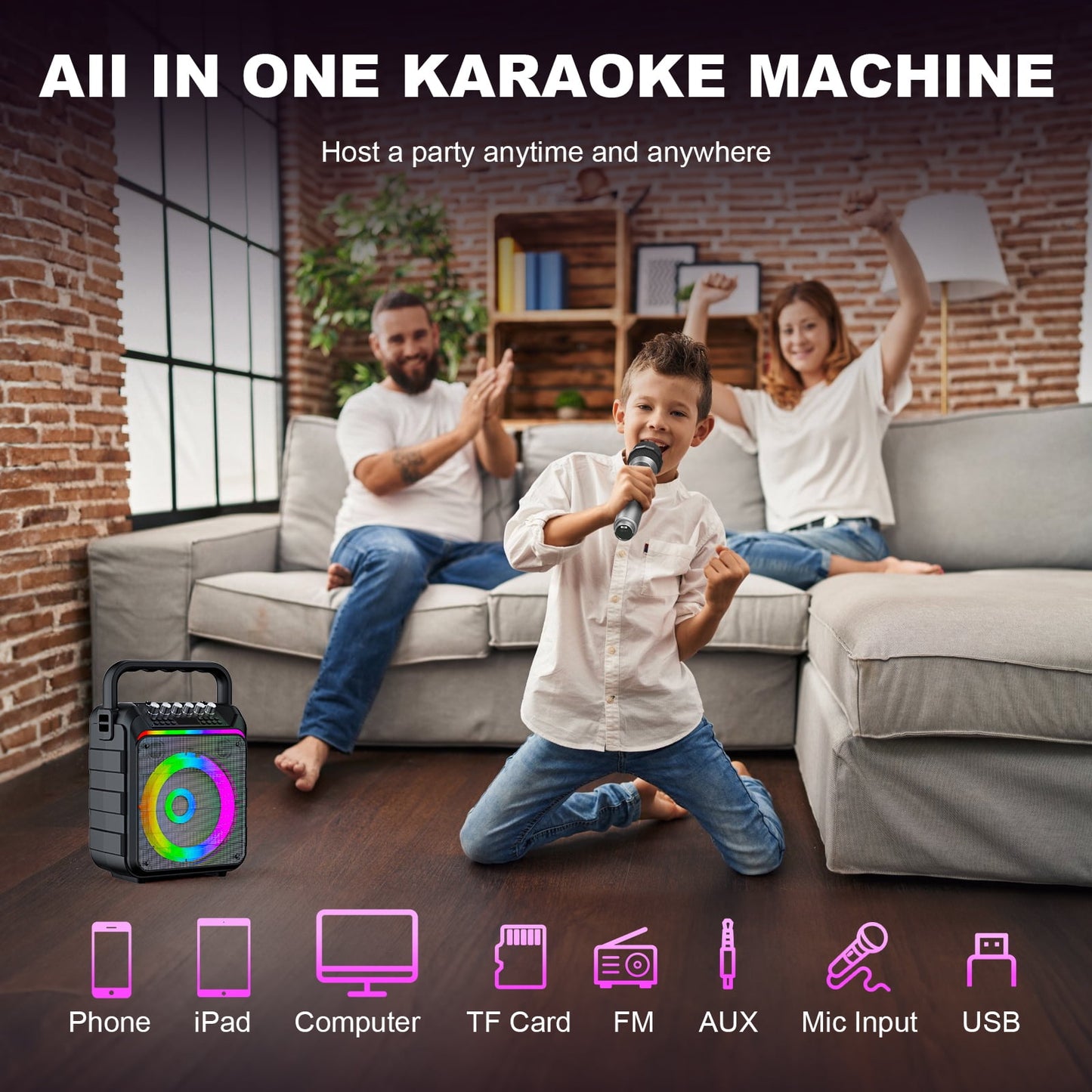 Karaoke Machine for Adults Kids - Portable Wireless Bluetooth Speaker with 2 Wireless Microphones, Supports for TWS, USB, FM, AUX in, TF Card, for Party, Meeting