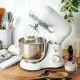 Stand Mixer, 12 Speed, 5.5 Quart Stainless Steel Bowl, Chef’s Whisk, Mixing Paddle, Dough Hook, Splash Guard w/ Pour Spout, White Linen, SM-50, Manual