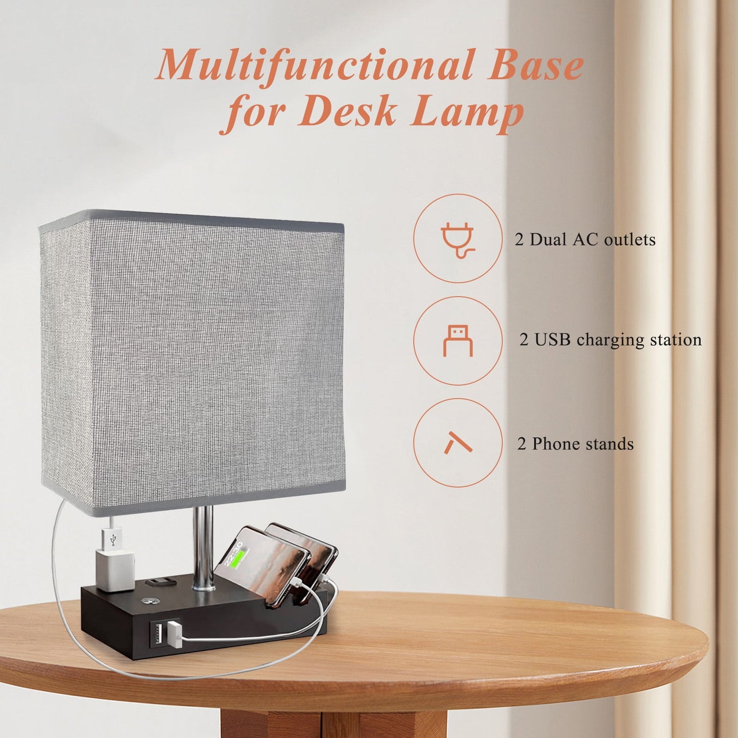 SZRSTH 15.7" Bedside Table Lamp for Bedroom, Dual Fast USB Charging Ports, Fully Dimmable Nightstand Lamps
