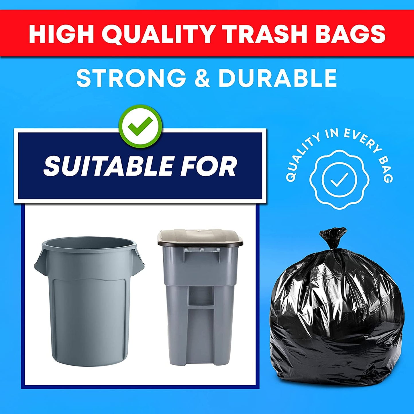 64-65 Gallon Trash Bags Heavy Duty (Value-PACK 50 Bags w/Ties) Large Black Industrial Trash Bags Heavy Duty 60 Gallon Trash Bags