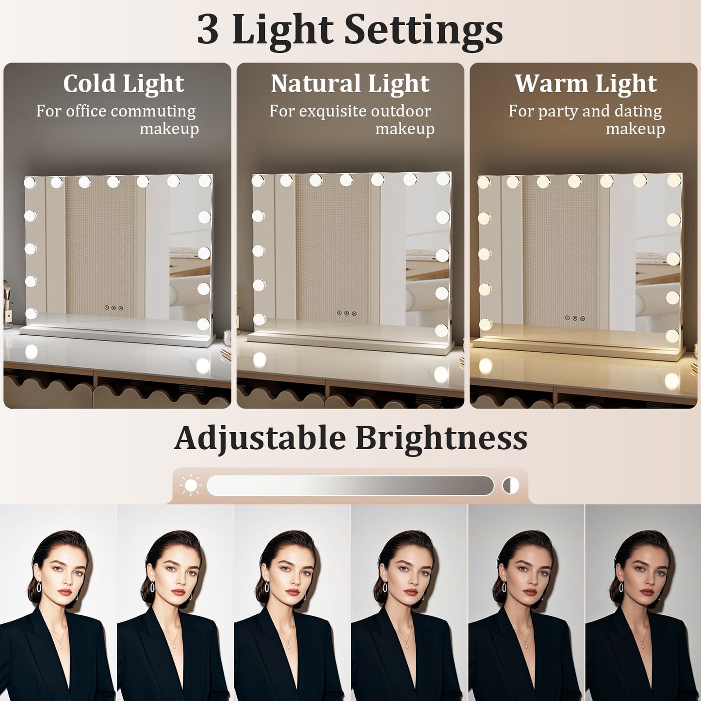 KOUSE Bluetooth Audio Makeup Mirror with LED Light - 3 Color Modes, Smart Touch Control and USB Charging Port - Desktop Makeup Mirror