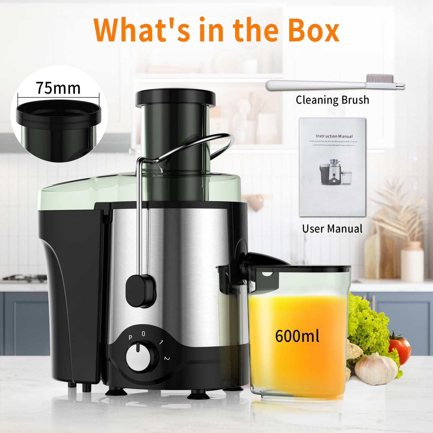 Juicer Machine 600W Anti-Drip Press Centrifugal Juicer with Big Mouth 3in Feed Chute for Whole Fruit Vegetables Juice Extractor BPA-Free