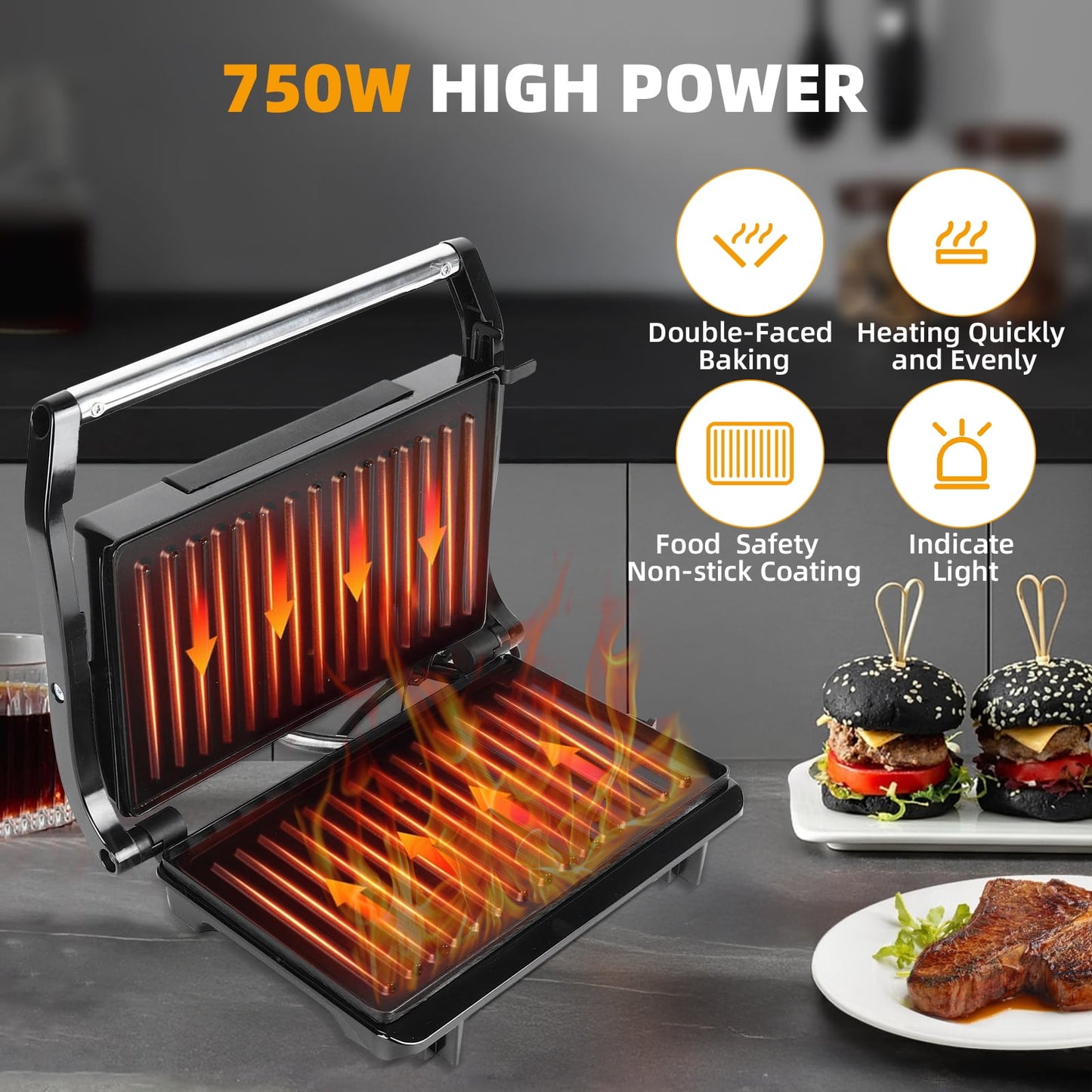 Kailwokk Panini Press Grill,Non-Stick Coated Plates Sandwich Maker,2 Slice Stainless Steel Electric Indoor Grill Opens 180¡ã to Fit Any Thickness Sandwich,Burgers,Steak
