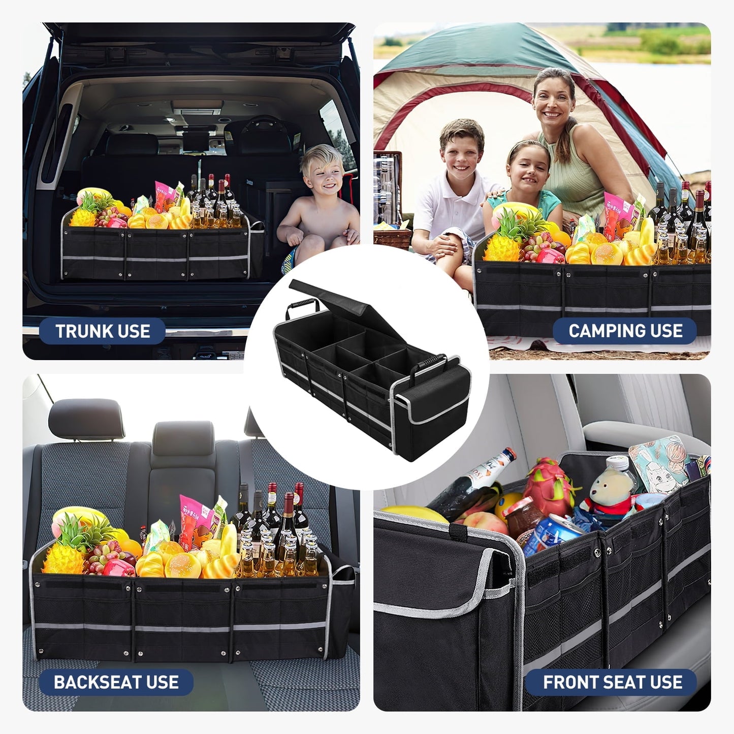 Car Storage Organizer Adjustable Securing Straps Collapsible Multi Compartment SUV Trunk Organizer with Leakproof Insulated Bag Foldable Cover