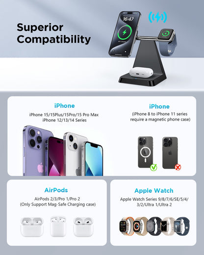 3 in 1 Charging Station for Apple Devices: Wireless Charger compatible for iphone 16 15 14 13 12 Pro/Pro Max/Plus/Mini, Charger Stand for AirPods 2/3/Pro & iWatch