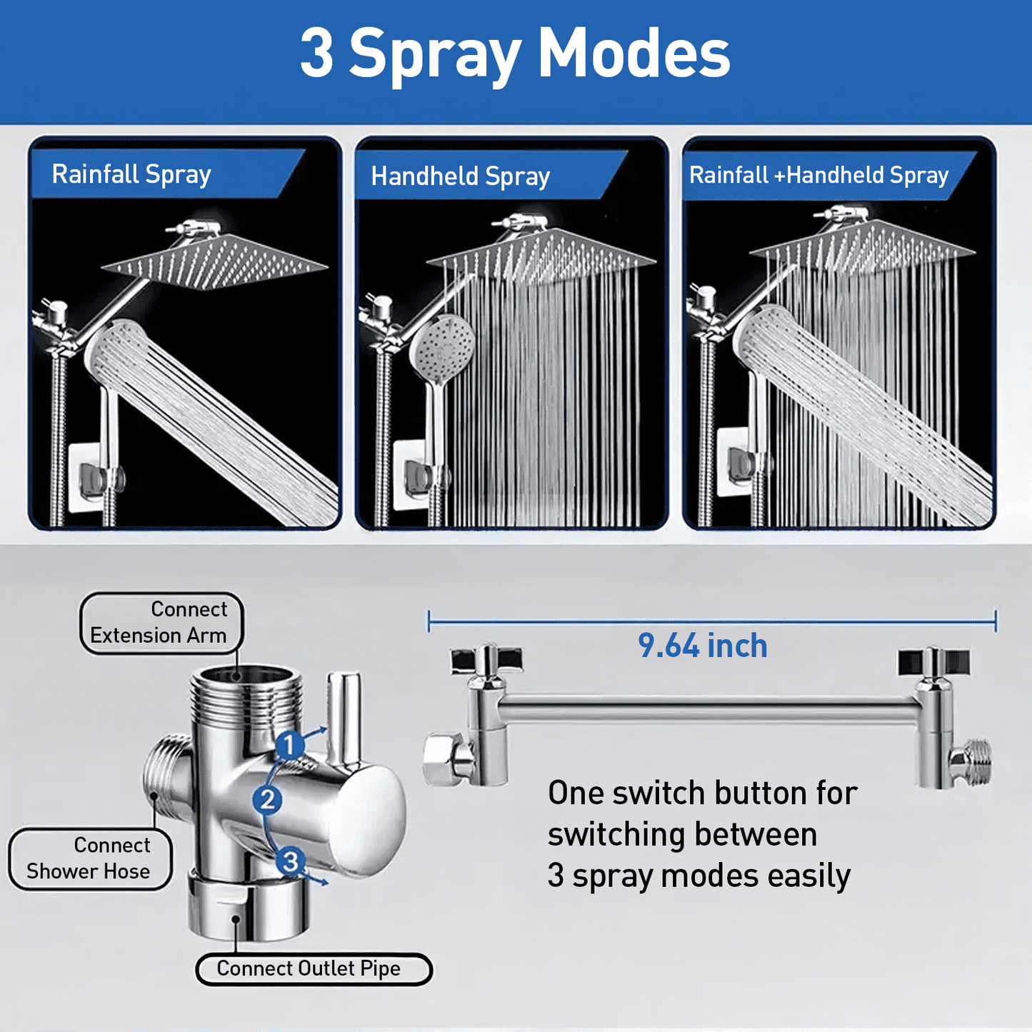 10" Rain Shower Head, Handheld Spray Combo 5 Settings Adjustable High Pressure Dual Showerhead Silver Chrome