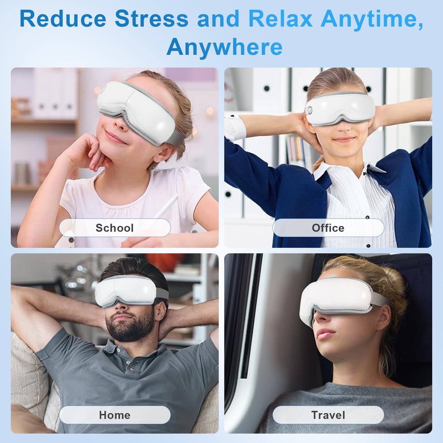 Kailwokk Eye Massager with Heat & Vibration – 5 Massage Modes, Bluetooth Music, Adjustable Headband Fathers Day Gifts - White