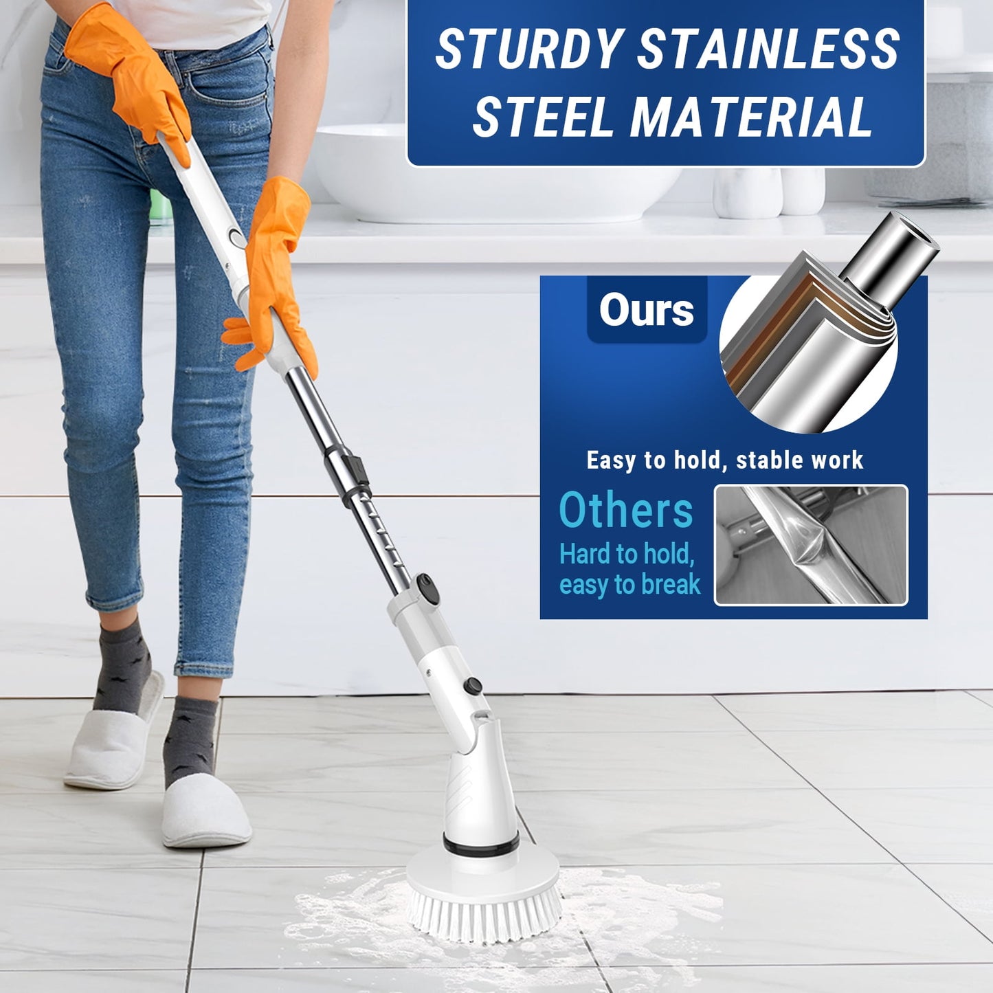 Electric Spin Scrubber, Cordless Bath Tub Power Scrubber with Long Handle & 4 Replaceable Heads,Shower Cleaning Brush Household Tools for Bathroom & Tile Floor