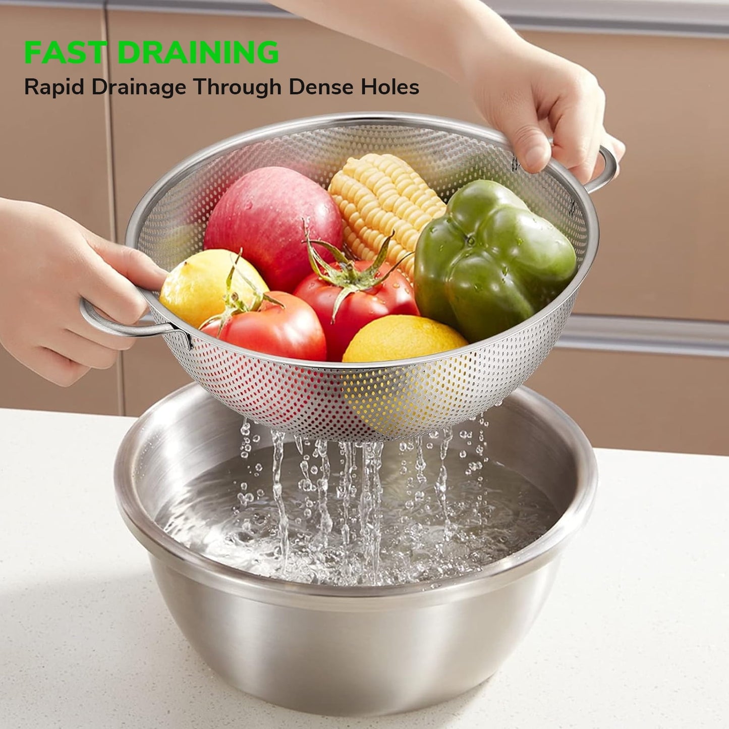 Kailwokk 3 Pcs Steel Strainer Set,Handle Micro-Perforated Colander Strainers for Draining Rinsing Pasta Vegetables Fruits - 3/5/8 Quart