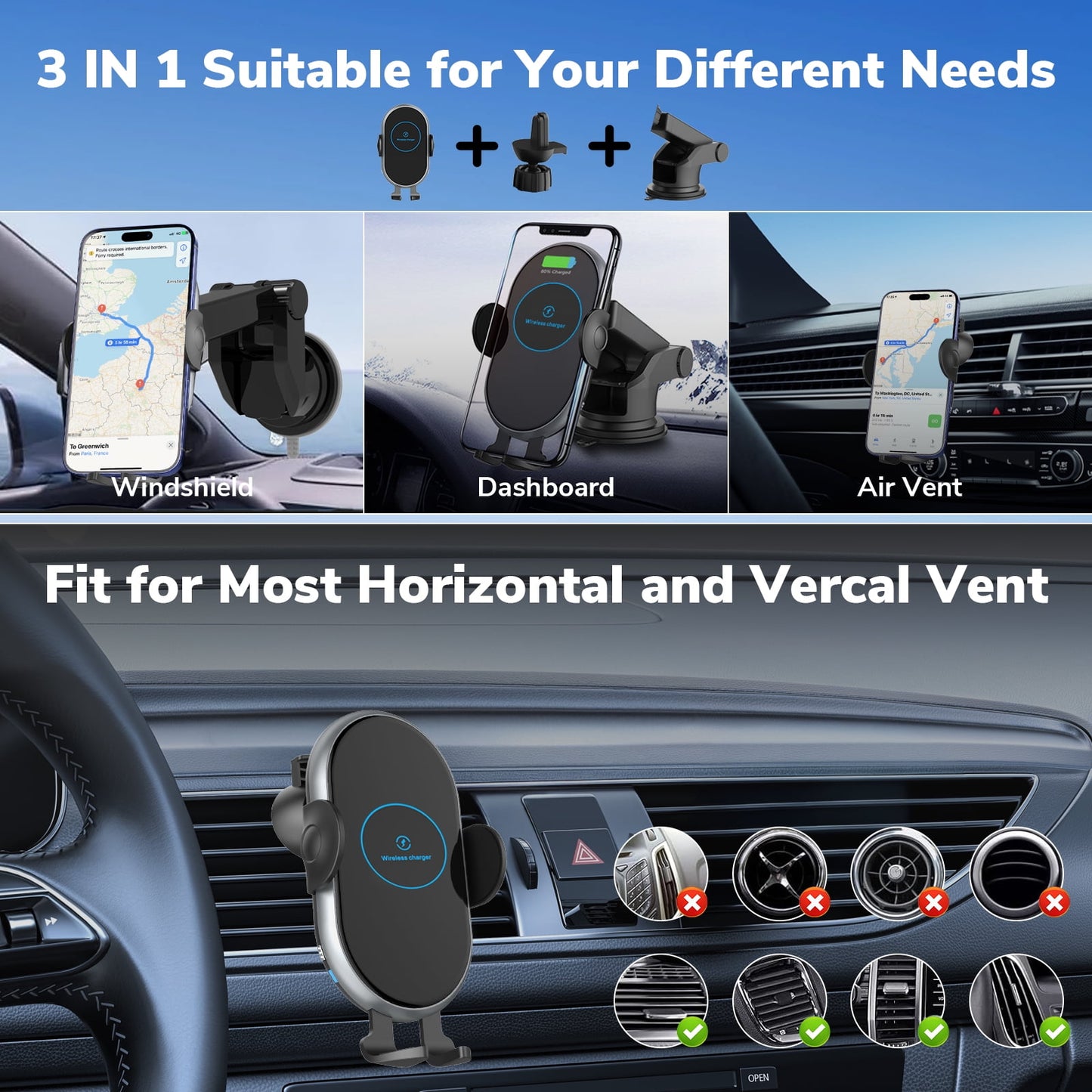 Car Charger Mount Compatible for iphone, Phone Charger Holder for Car Dashboard, Hands Free Car Phone Holder Mount Dash Compatible for iphone 16 15 14 13 12 Pro Max Plus Car Accessories