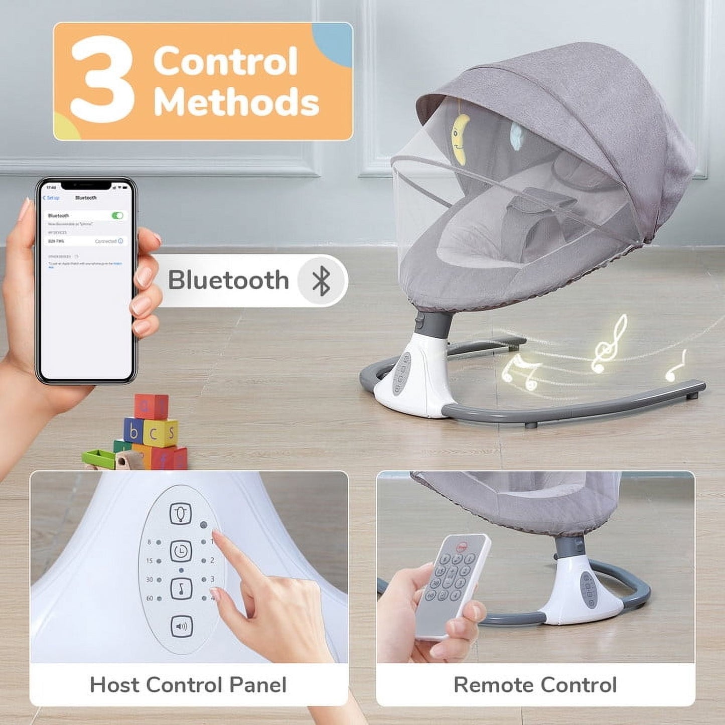 Kailwokk Electric Baby Swing for Infants, Portable Infant Swing with App Remote Bluetooth Control, 4 Sway Speeds, 12 Lullabies(Gray)