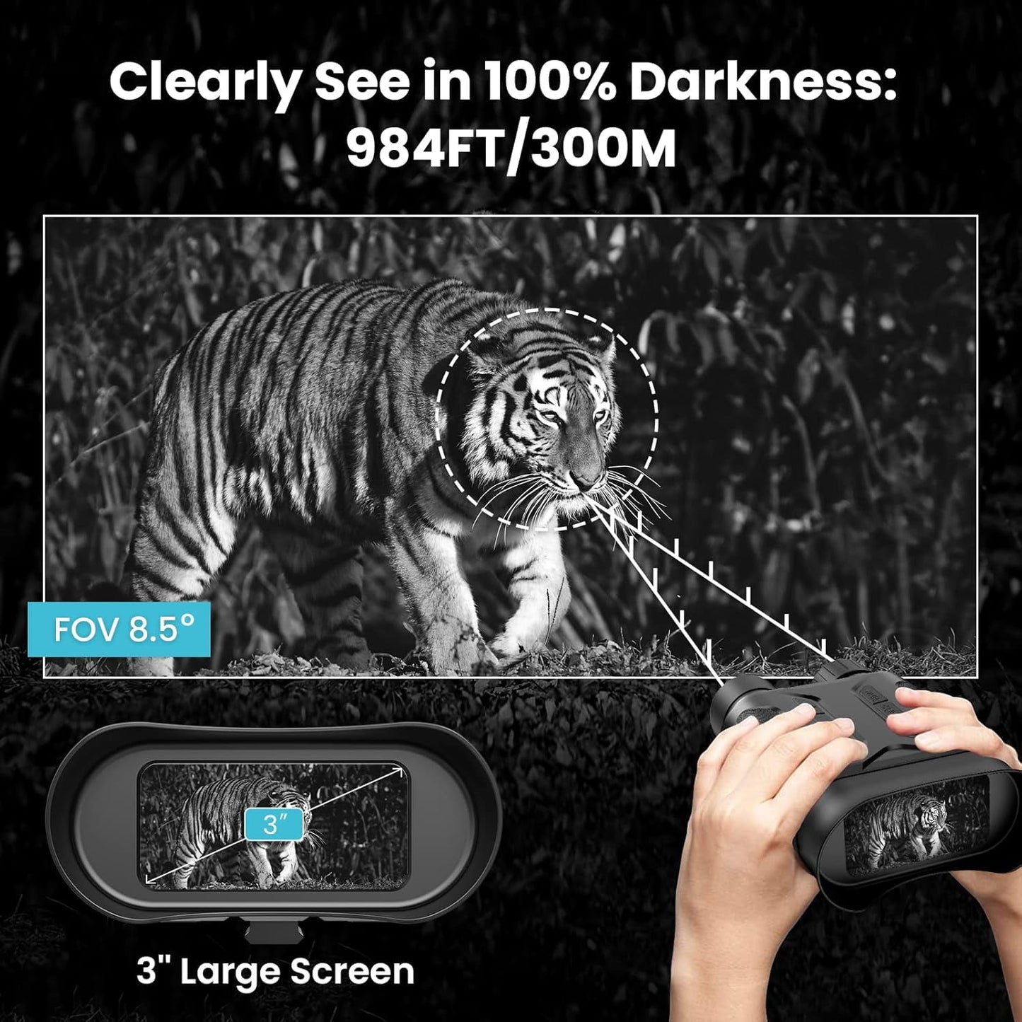 4K Digital Night Vision Goggles Binoculars for Total Darkness, Infrared Digital Night Vision, 32GB Memory Card for Photo and Video Storage, 3'' Large Screen Perfect for Hunting and Farm Monitoring