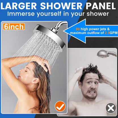 Shower Head, 6" High Pressure Shower Head, Adjustable Stainless Steel Polished Chrome Rain Shower Head with Durable Nozzles