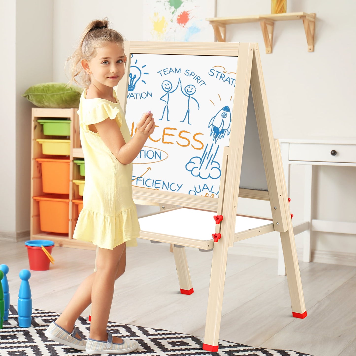 Kailwokk Art Easel for Kids, Adjustable Magnetic Double Side Wooden Drawing Toddler Easel with Deluxe Accessories for Ages 2-8