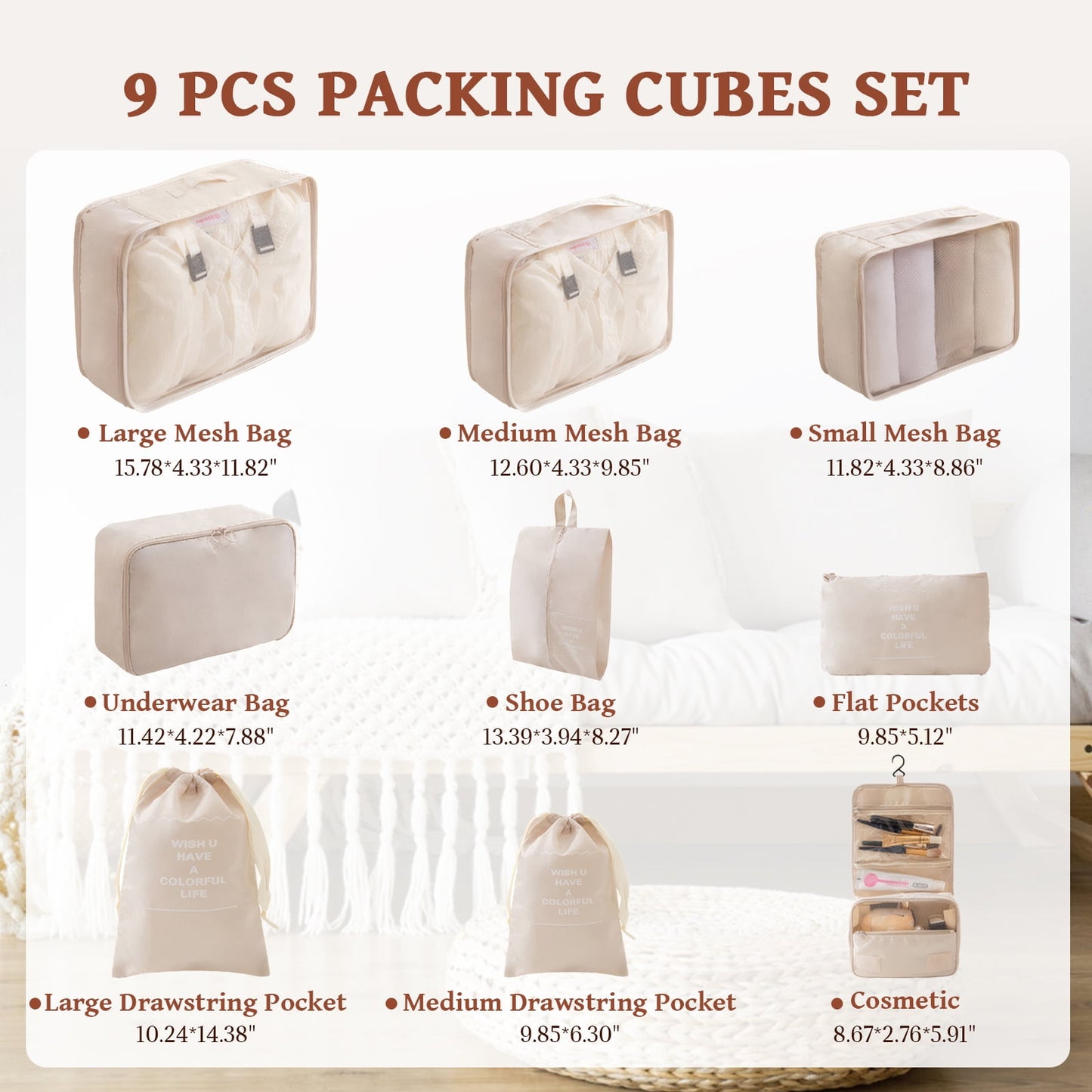 Packing Cubes - 9 PCS Travel Pouch Set, Compression Bags For Travel, Suitcase Essentials Organizer Bags Set, Beige
