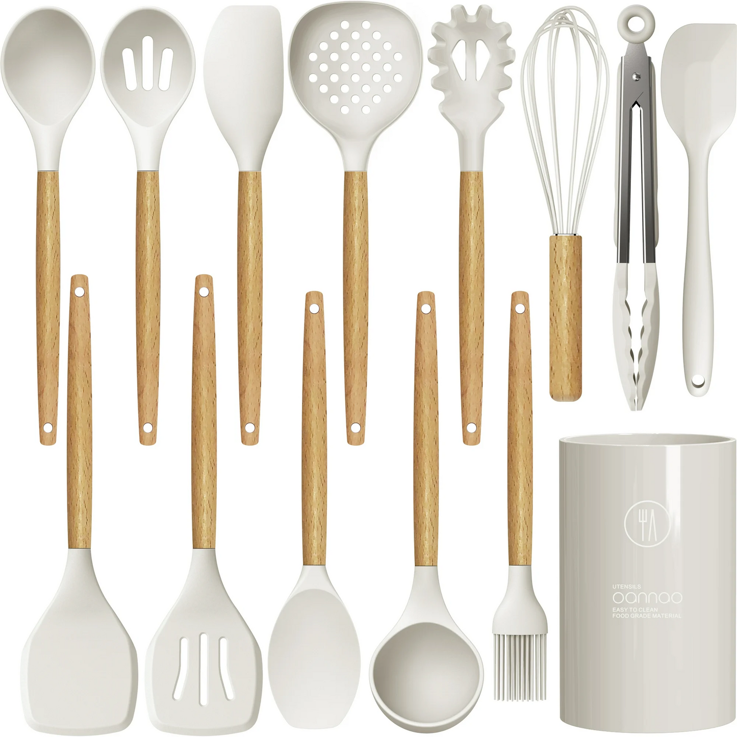 Silicone Cooking Utensils Set - 446°F Heat Resistant Silicone Kitchen Utensils for Cooking,Utensil Spatula Set w Wooden Handles and Holder, BPA FREE Gadgets for Non-Stick Cookware (Cream White)