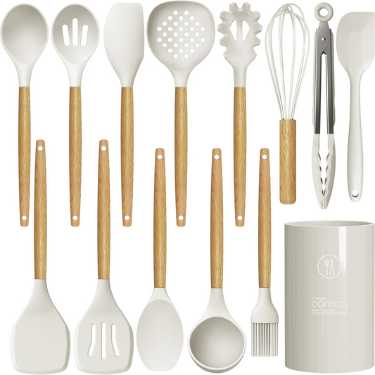 Silicone Cooking Utensils Set - 446°F Heat Resistant Silicone Kitchen Utensils for Cooking,Utensil Spatula Set w Wooden Handles and Holder, BPA FREE Gadgets for Non-Stick Cookware (Cream White)