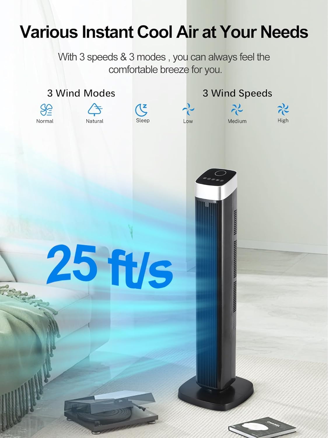 Tower Fan for Bedroom90¡ã Oscillating Standing Fan with 24H Timer 41inQuiet Bladeless Floor Fan Remote Control