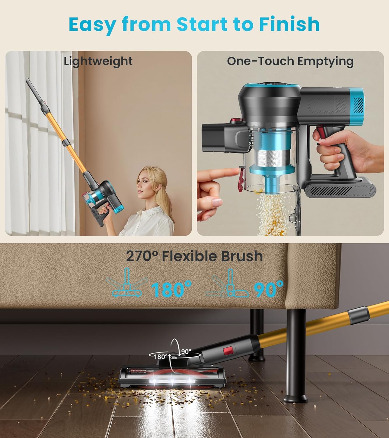 Cordless Vacuum Cleaner 38000pa/400W 50min 2200mAh Lightweight Stick Vacuum Cleaners for Home