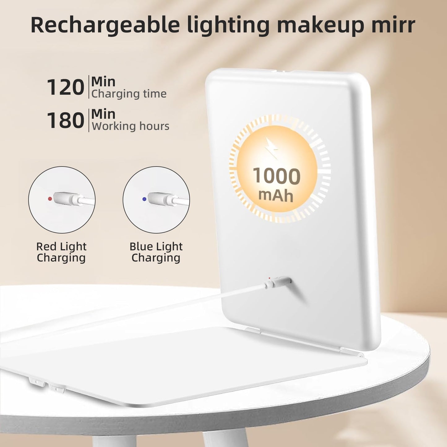 TORIO Portable Makeup Mirror with 72 LED Lights, USB Rechargeable, 3 Adjustable Light Settings – Perfect for Travel, Home, and Makeup Application