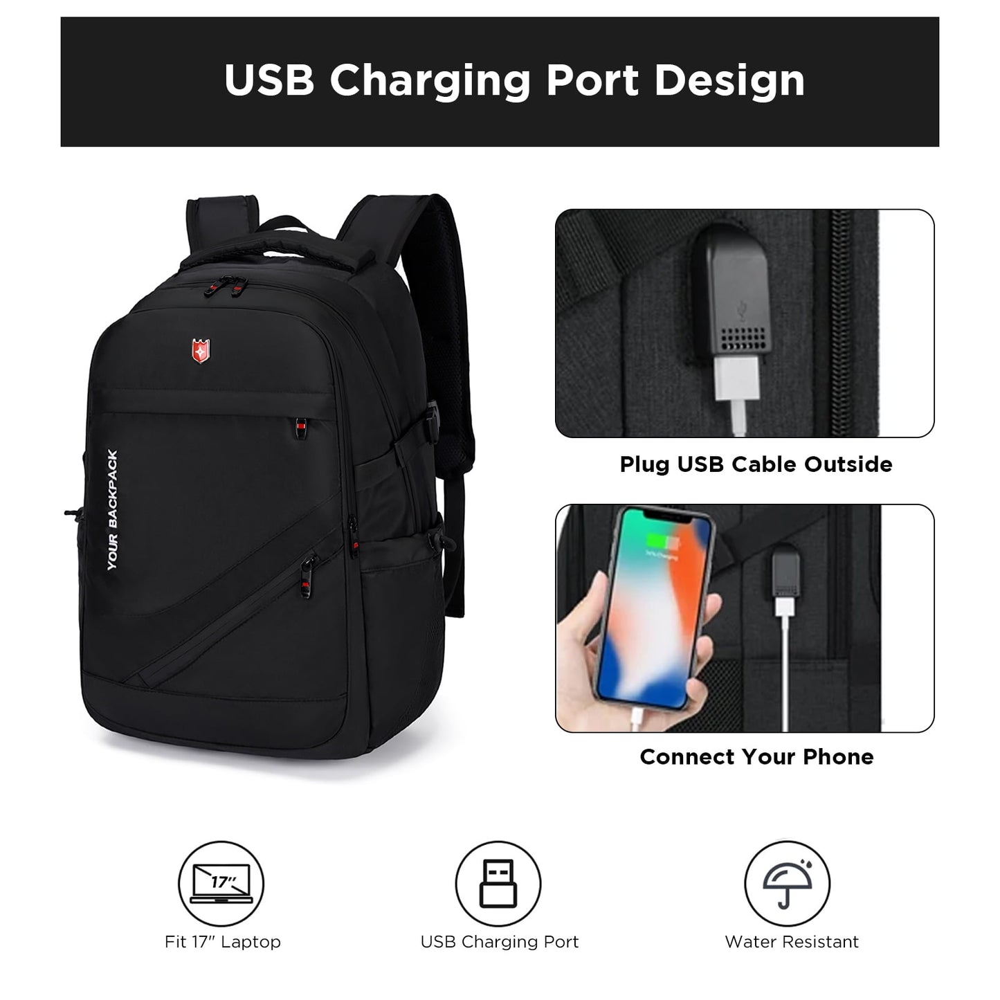 Kailwokk Travel Laptop Backpack for Men, 21" Large Waterproof Anti Theft Business Bag with USB Port, Black