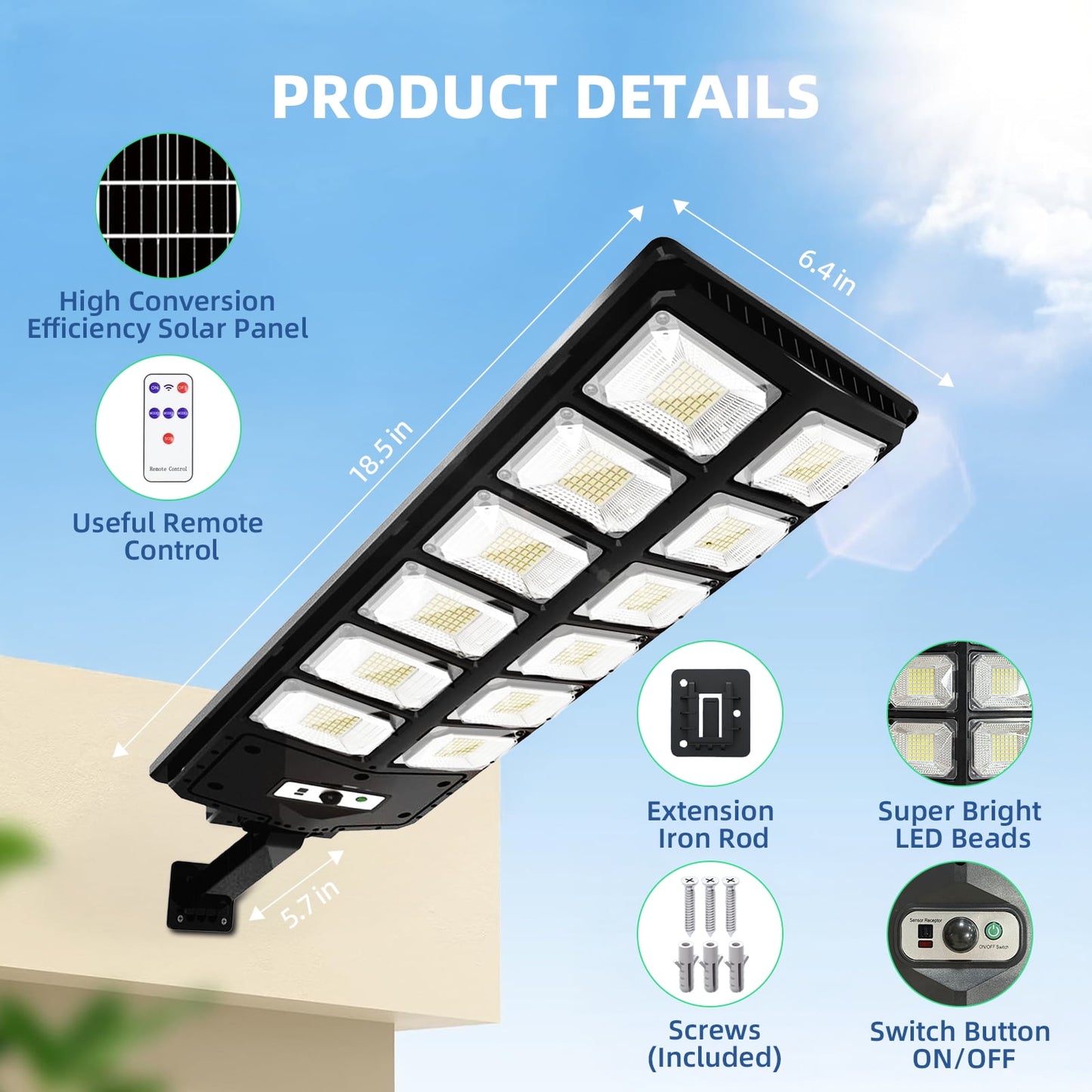 IJIL Solar Street Lights Outdoor - 7000K Waterproof Motion Sensor LED Solar Parking Lot Lights with Remote for Yard Outside