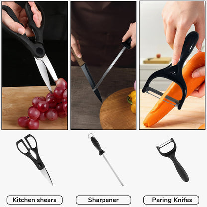 Kitchen Knife Set with Block, 19 PCS High Carbon Stainless Steel Sharp Serrated Steak Knives
