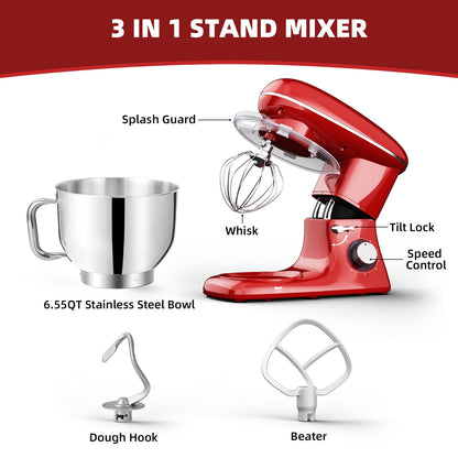 6.5 QT Electric Stand Mixer, 3-IN-1 Food Mixer, Kitchen Electric Mixer with Dough Hook, Beater, Whisk, Bowl for Most Home Cooks
