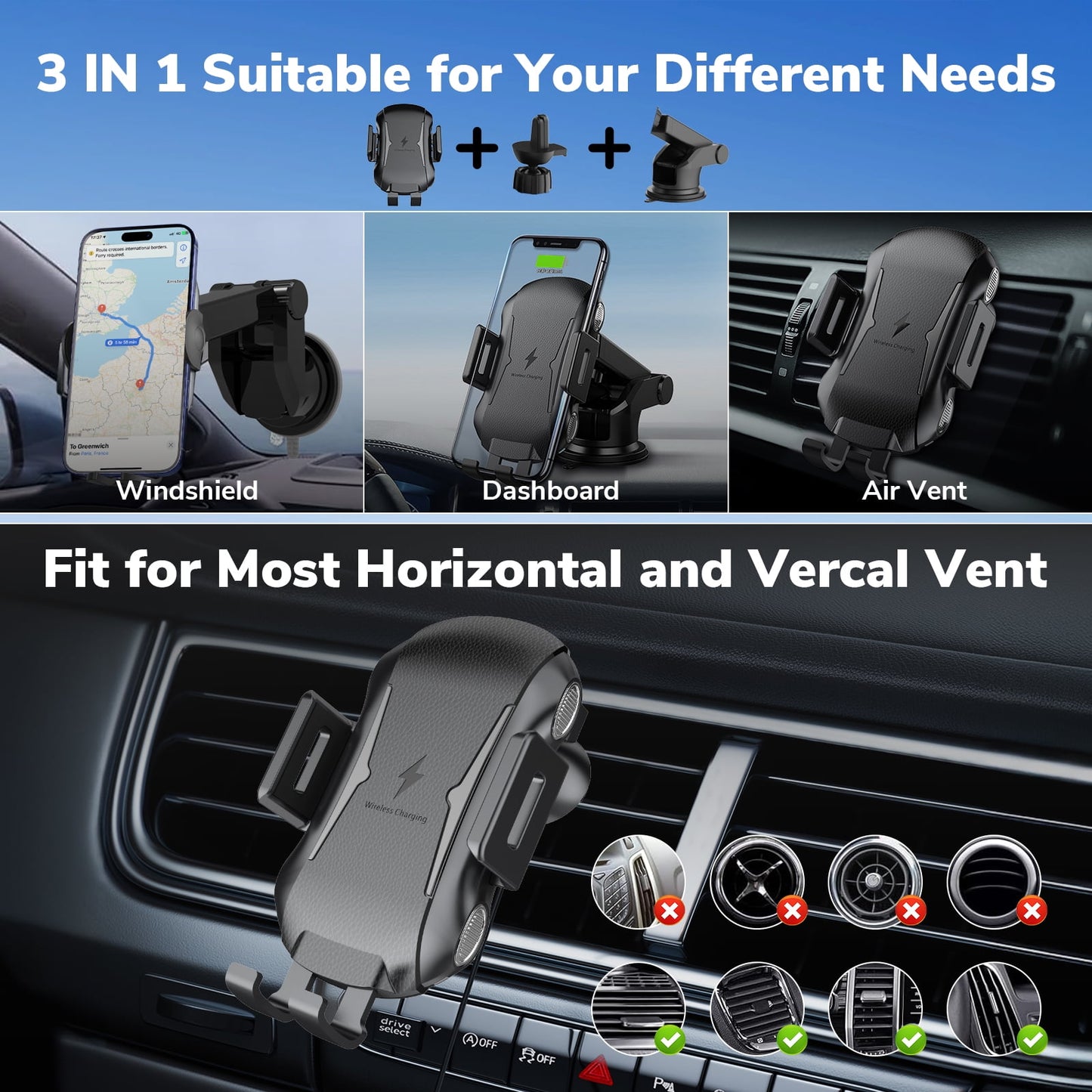 ETEPEHI Car Mount Charger: 15W Wireless Car Charger for iPhone 16/15/14/13/12, Fast Charging Phone Holder Mount