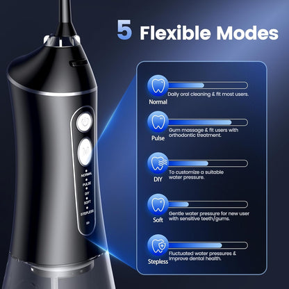 Water Flosser for Teeth Cleaning and Flossing, 5 Modes Rechargeable Cordless Oral Irrigator 320ml Water Tank Teeth Cleaner, IPX7 Waterproof Portable Electric Dentel Flossers for Home and Travel,Black