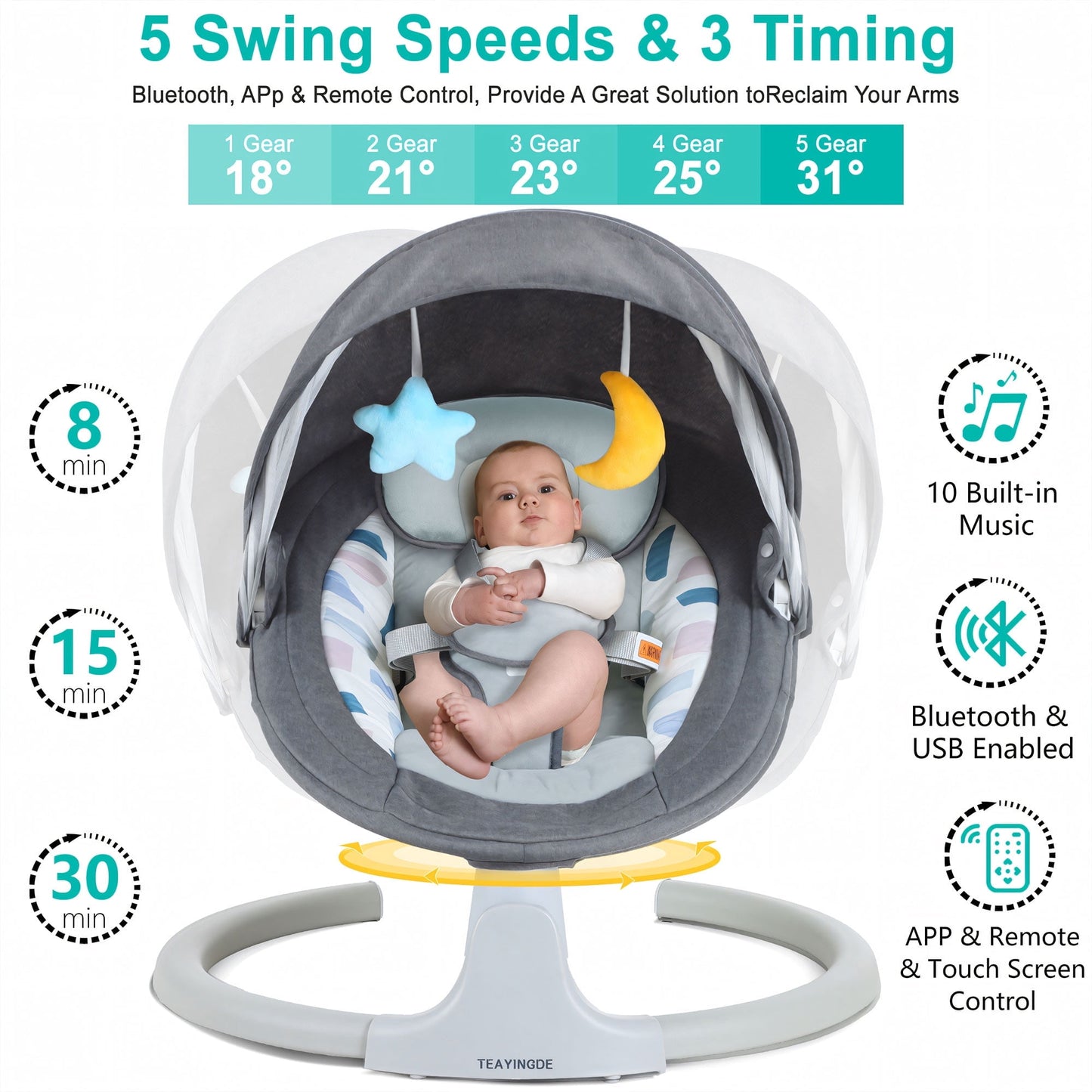 Baby Swing for Infants - APP Remote Bluetooth Control 10 Lullabies 5 Speed Settings USB Plug (Gray)