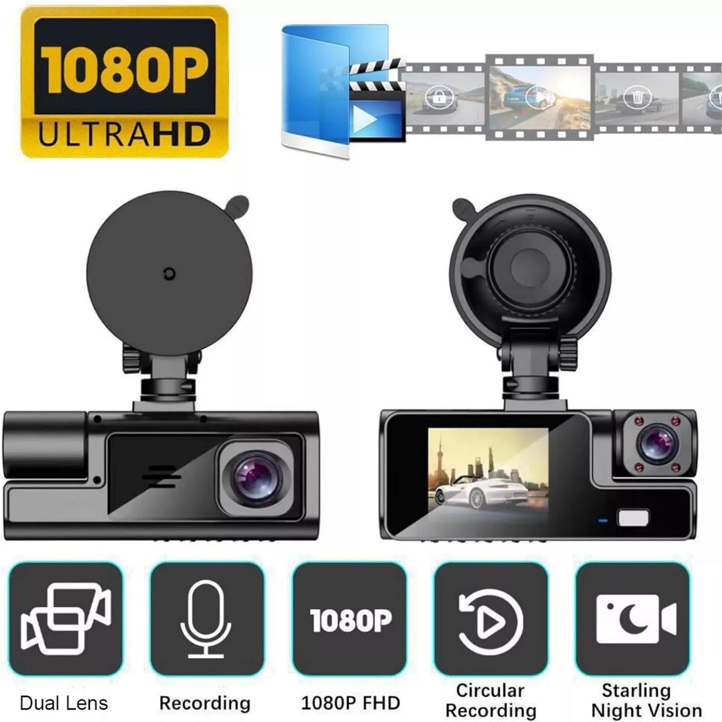 Car Dual Lens Dash Cam Front/Rear Video Recorder Camera