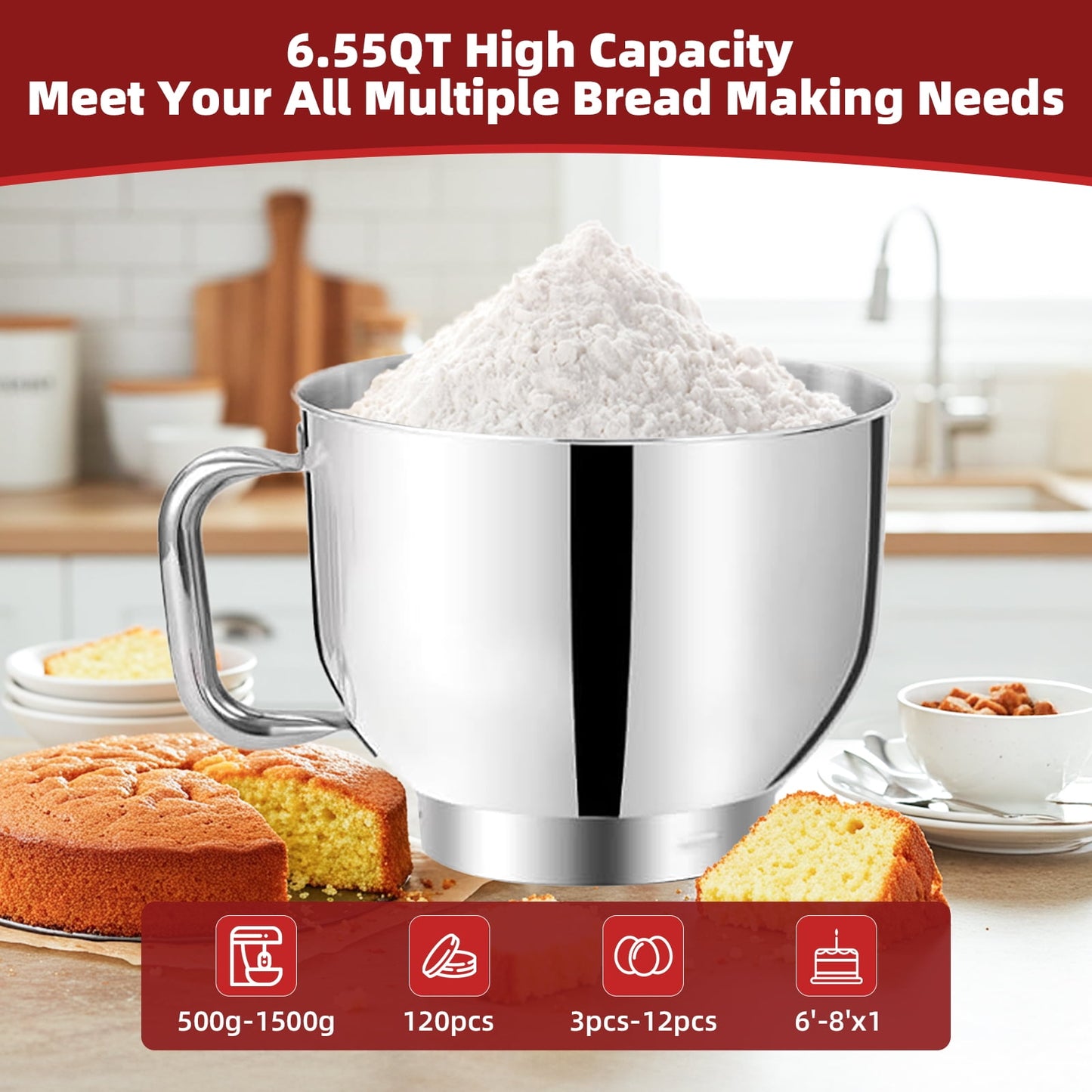 6.5 QT Electric Stand Mixer, 3-IN-1 Food Mixer, Kitchen Electric Mixer with Dough Hook, Beater, Whisk, Bowl for Most Home Cooks