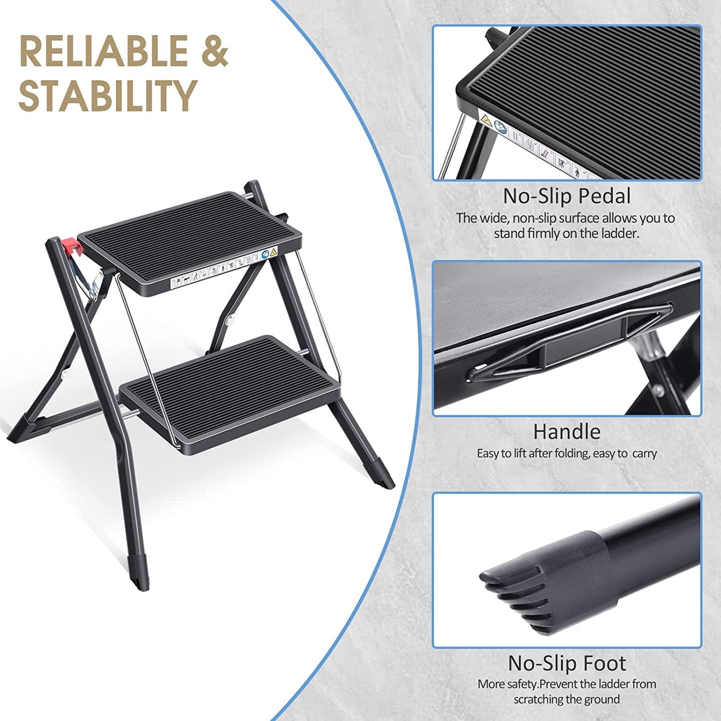 Folding Step, 2 Step Stepladder, Foldable,Step Stool with Release Button, Light Steel