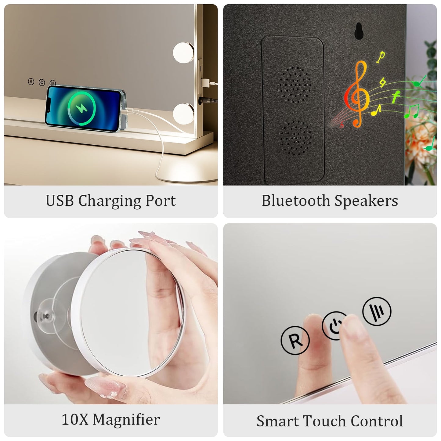 KOUSE Bluetooth Audio Makeup Mirror with LED Light - 3 Color Modes, Smart Touch Control and USB Charging Port - Desktop Makeup Mirror