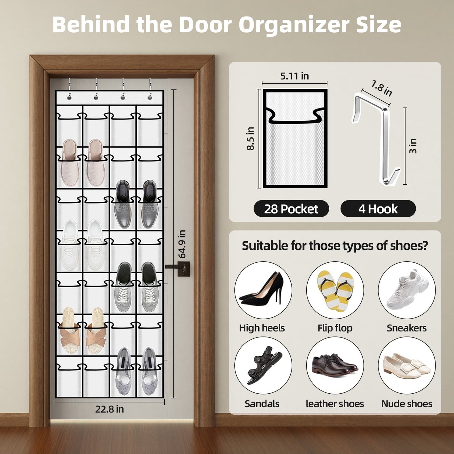 TORIO Over the Door Shoe Rack Organizer, 28 Large Pockets Hanging Shoe Organizer Adjustable & Easy to Install ¨C Space-Saving Storage for Small Spaces,White
