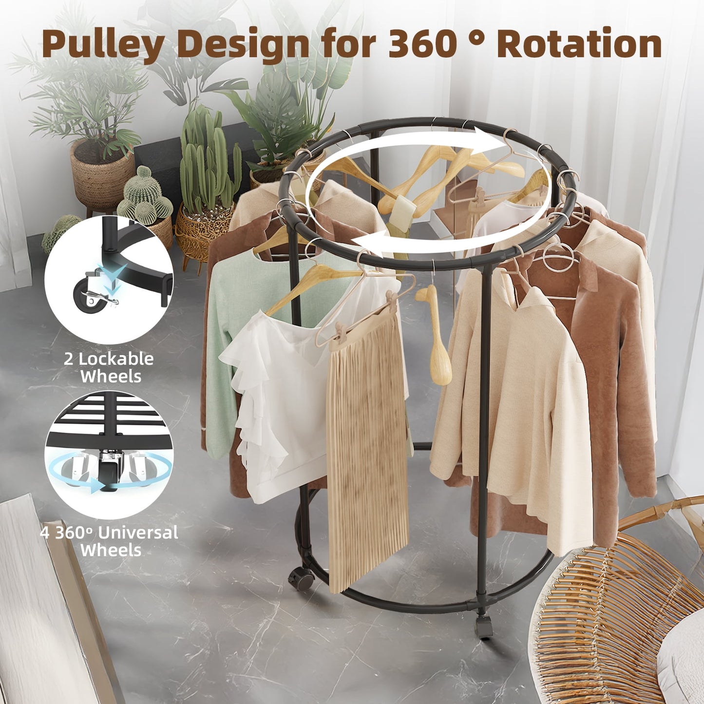 Clothing Garment Rack,Round Clothes Rack with 360¡ãRotation 4 Wheels,Floor-Standing Metal Clothes Organizer for Easy Storage