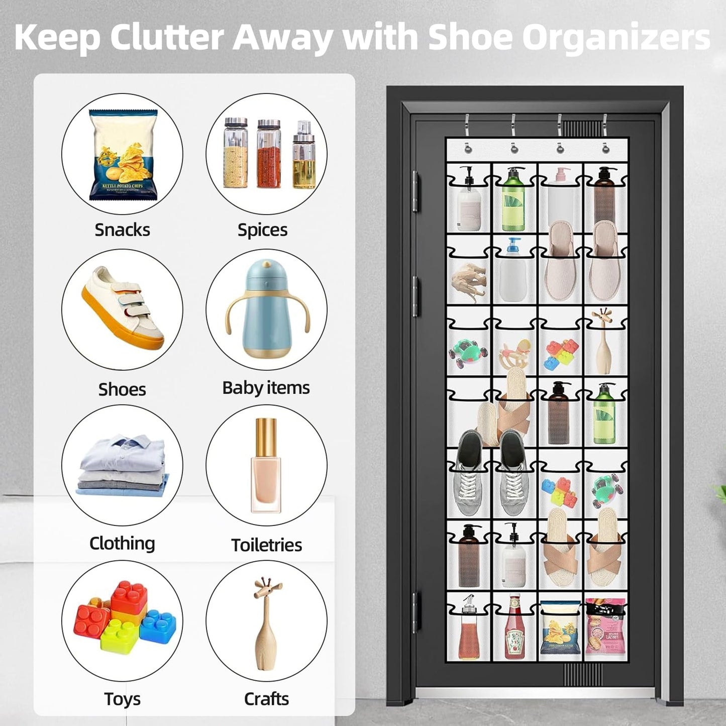 TORIO Over the Door Shoe Rack Organizer, 28 Large Pockets Hanging Shoe Organizer Adjustable & Easy to Install ¨C Space-Saving Storage for Small Spaces,White