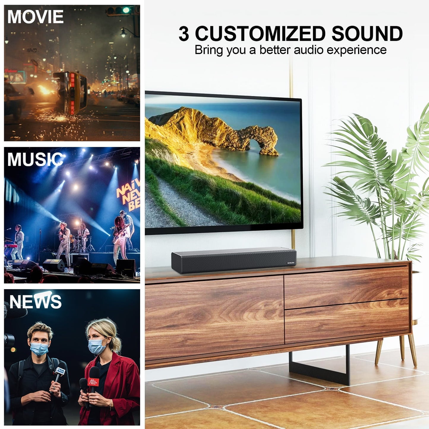 ETEPEHI Sound Bar for TV - 5.3 Bluetooth Soundbar Speaker with Bluetooth/Optical/AUX Connection for PC/Gaming/ /Projectors, 16"