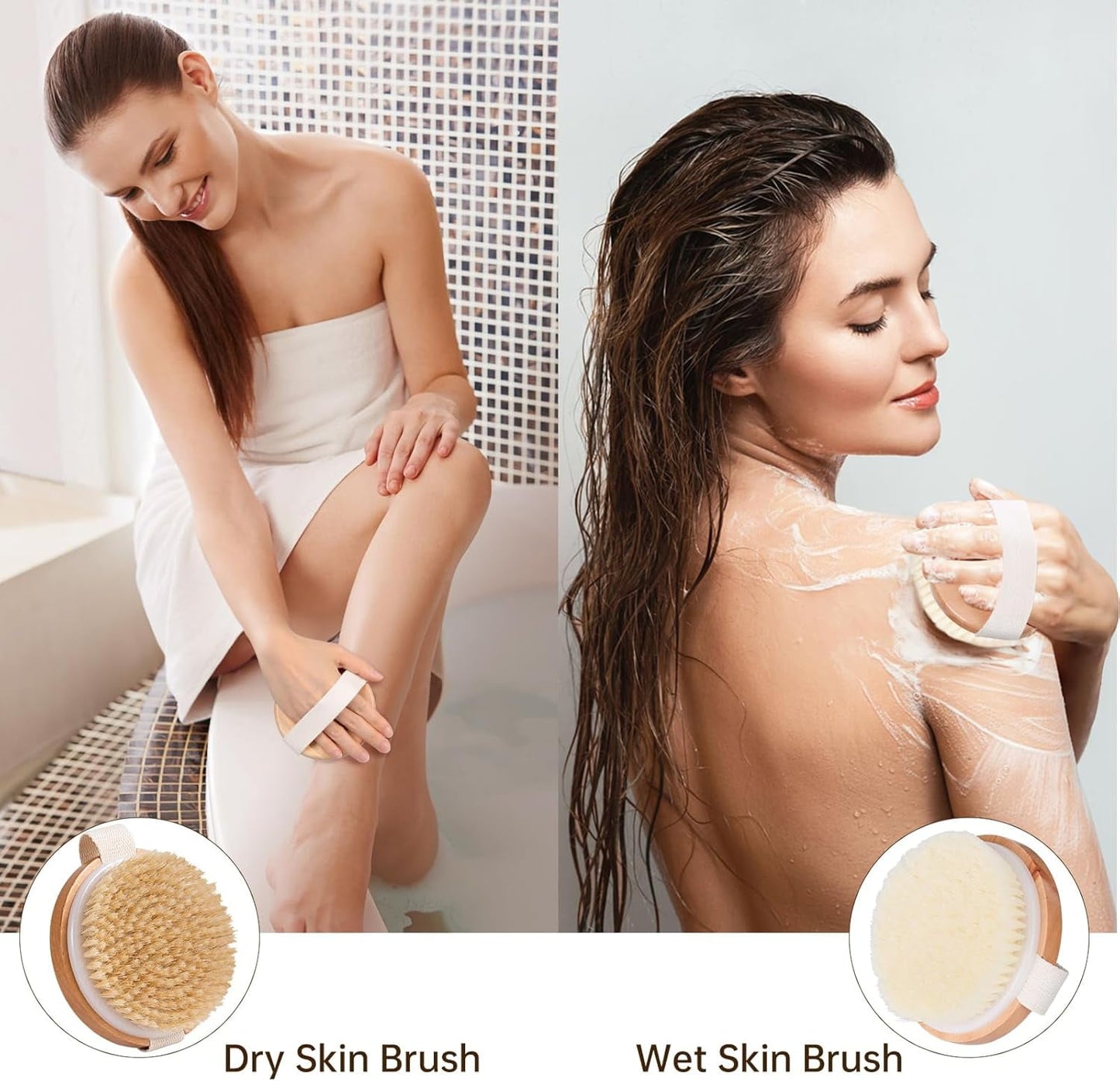 Dry Body Brushes, Shower Brush Wet and Dry Brushing, Body Scrubber with Soft and Stiff Bristles,Dry Brush for Cellulite and Lymphatic, Suitable for All Kinds of Skin