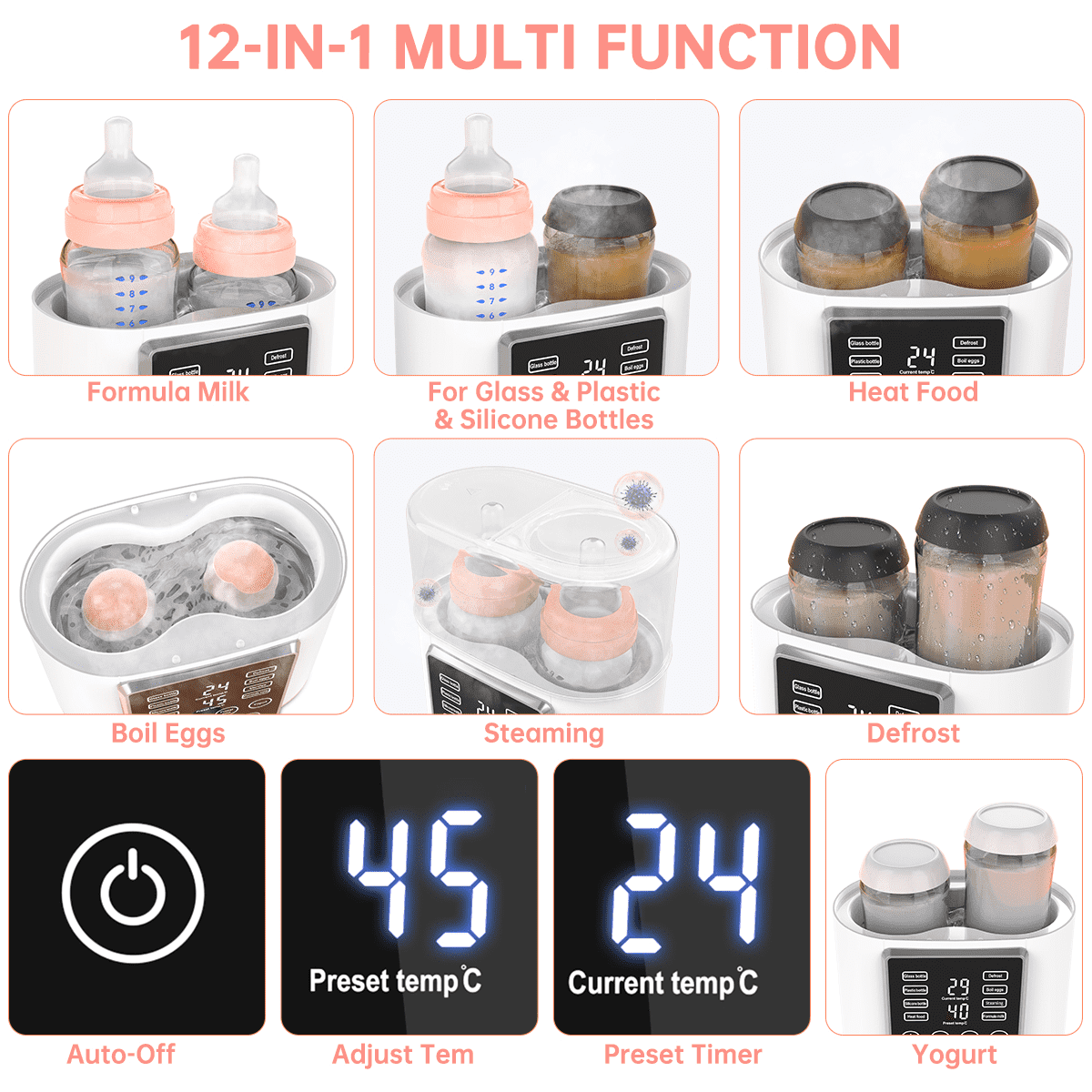 Baby Bottle Warmer Double Food Heater Defrost BPA-Free With Twins 12-in-1 Babies Fast Bottle Milk Warmer LCD Display