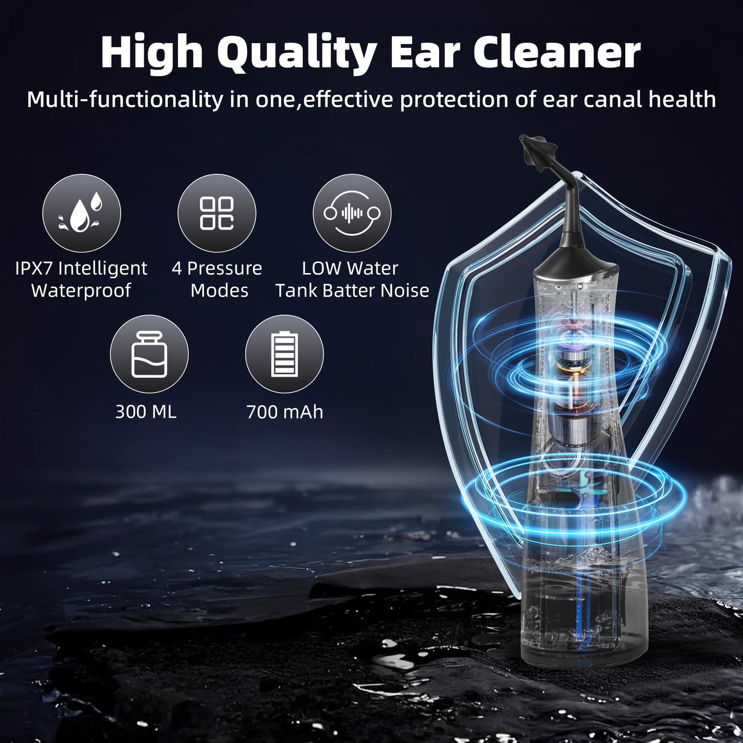 Ear Wax Removal - Electric Ear Cleaner with 4 Reusable Replacement Tips- Safe & Effective for Ear Wax Buildup - Electric Ear Cleaning Kit (Black)