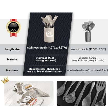 Aartvark Tees Kitchen Utensils Set,26 Piece Stainless Steel Silicone Cookware,Kitchen Spatula, Spoon, Turning Tongs, Brush, Whisk (Khaki)