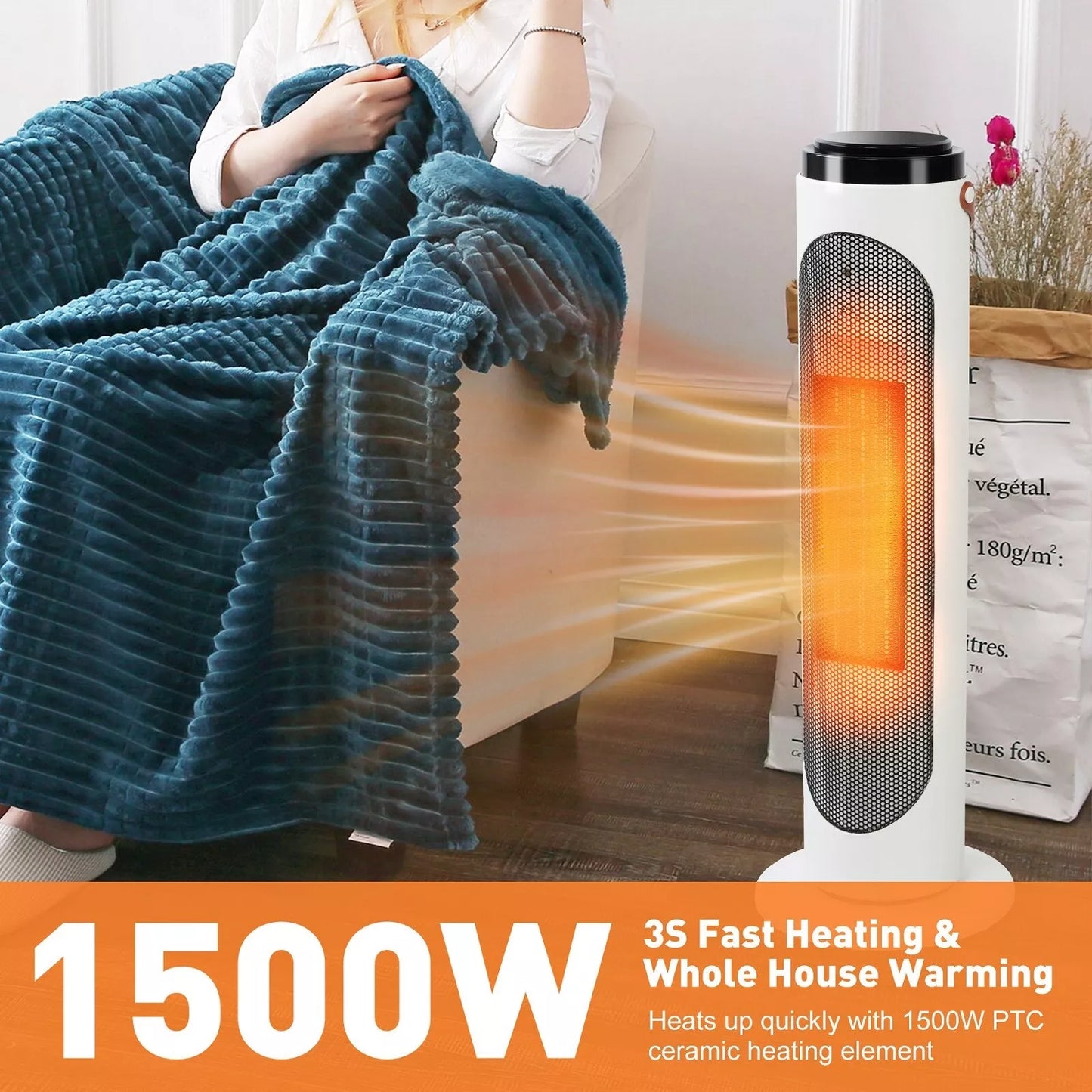 Electric Space Heater 1500W Portable Ceramic Tower Oscillating 24H Timer