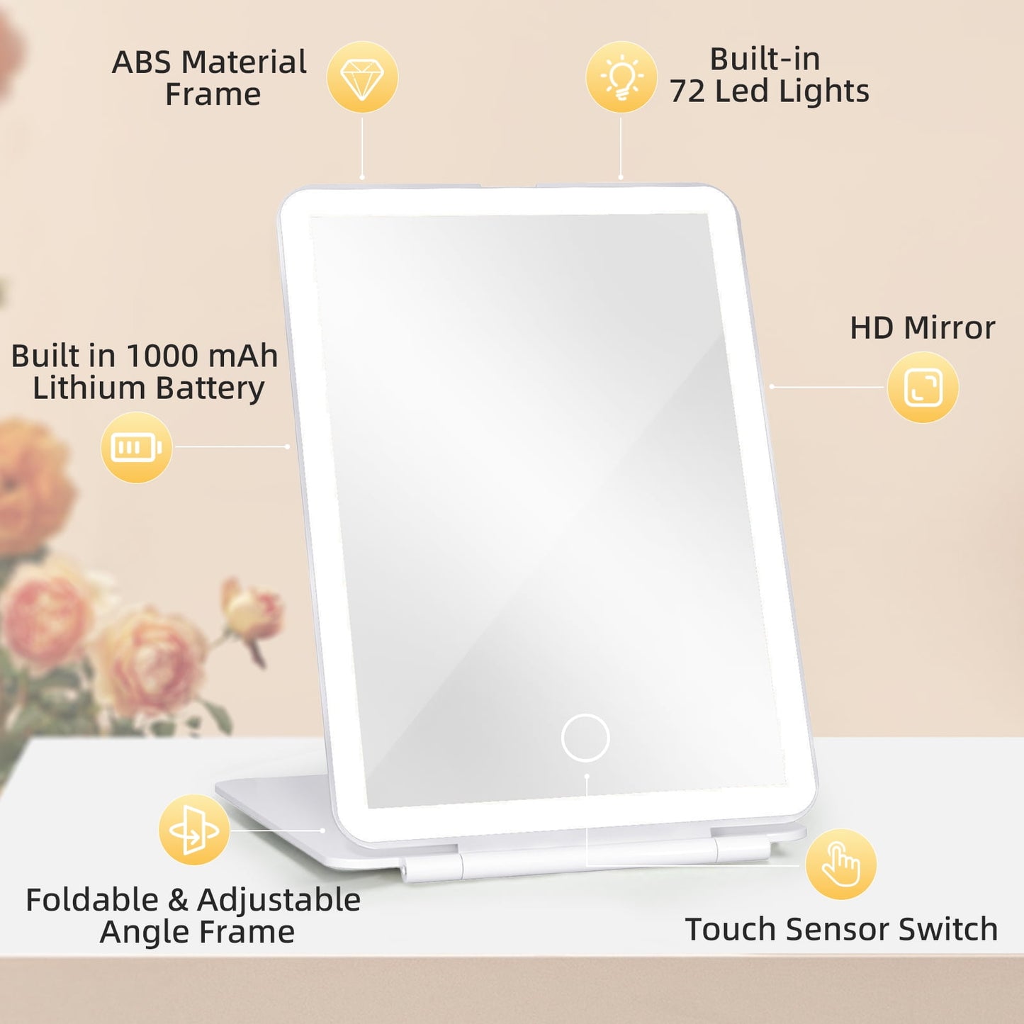 TORIO Portable Makeup Mirror with 72 LED Lights, USB Rechargeable, 3 Adjustable Light Settings – Perfect for Travel, Home, and Makeup Application