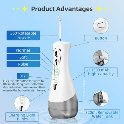 Cordless Water Flosser for Teeth - 4 Modes Dental Teeth Cleaner, Portable Irrigador Dental with 5 Jet Tips & 320ML Larger Tank for Travel, White