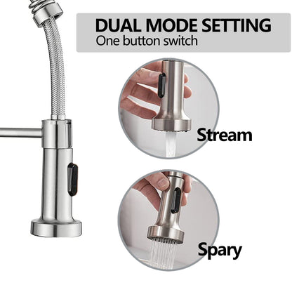 Kitchen Faucet with Pull Down Sprayer, Brushed Nickel Commercial Spring Kitchen Sink Single Handle Pull Out Sink Faucets with Deck Plate Suit to 1 or 3 Holes